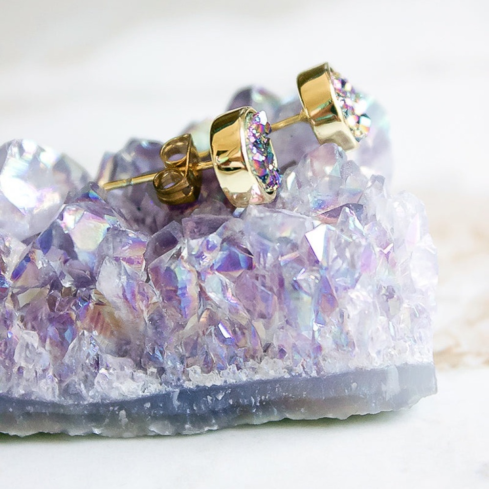 Rainbow Colored Gold Plated Druzy Stud Ear… - Picture 3 of 4
